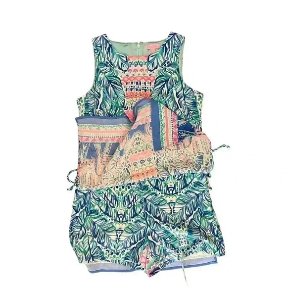 Lilly Pulitzer Feel the Beat Elephant Pink Blue Donna Romper Size 0 EUC - Picture 10 of 12